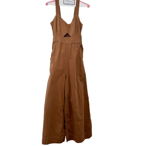 aerie Pants - Aerie Twill Denim Cut Out Wide Leg Jumpsuit, Smocked Back, Camel Brown, Size XL